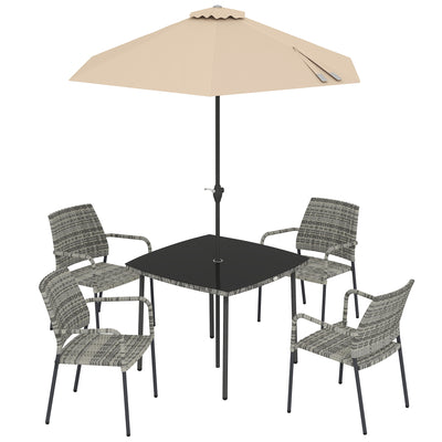 Outsunny 4 Seater Rattan Dining Set with Parasol, 6 Piece Garden Table and Stackable Chairs with Tempered Glass Tabletop 