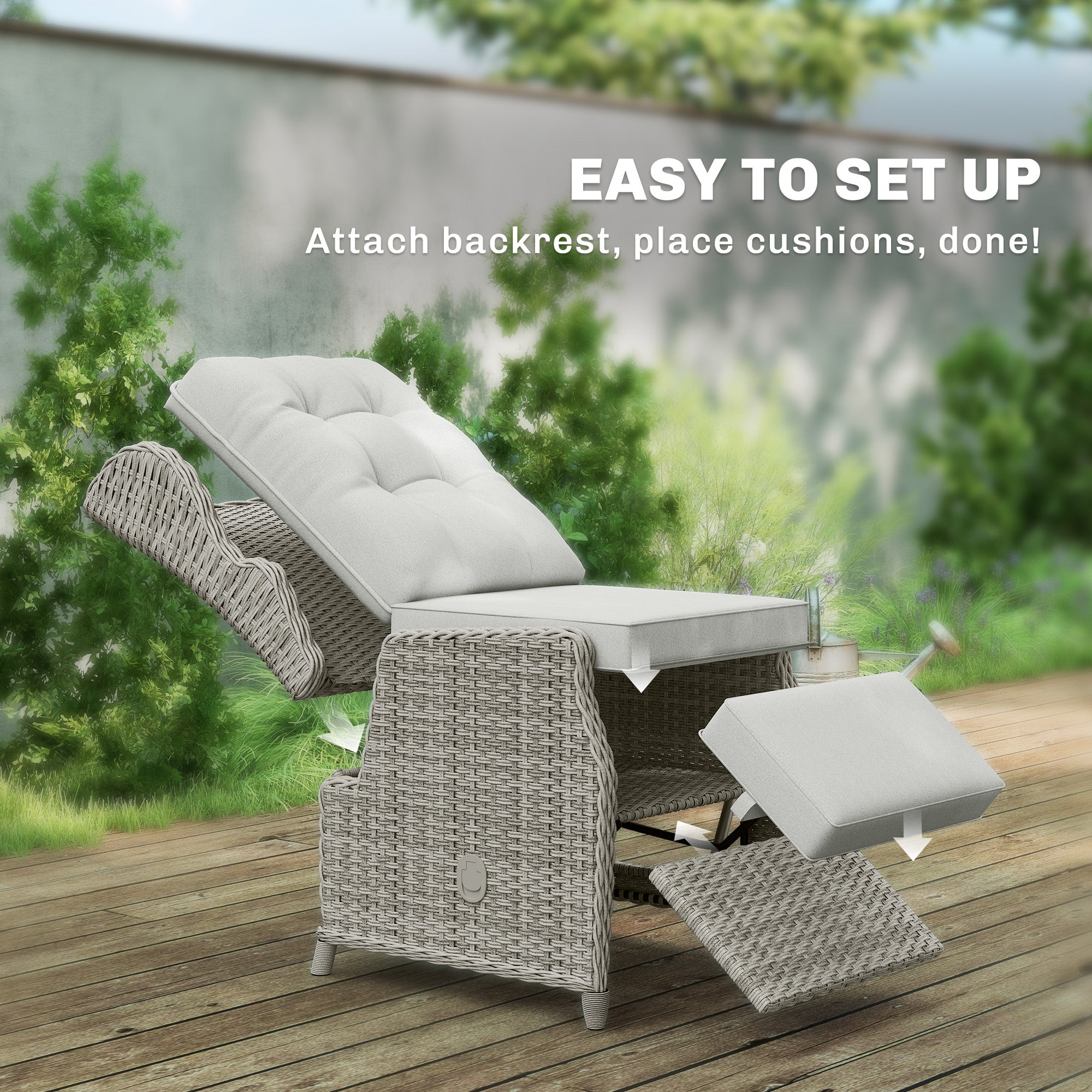 Outsunny Rattan Garden Recliner Chair, Reclining Garden Chair with Adjustable Back and Footrest, Flip Table, Cushion, Light Grey 