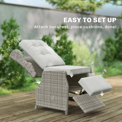 Outsunny Rattan Garden Recliner Chair, Reclining Garden Chair with Adjustable Back and Footrest, Flip Table, Cushion, Light Grey 
