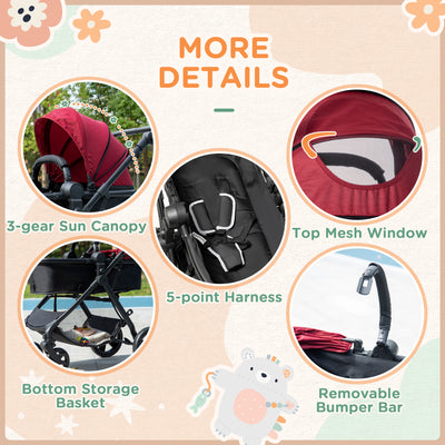 HOMCOM Foldable Baby Stoller, with Reclining Backrest, Adjustable Canopy, for Ages 0-36 Months - Red 