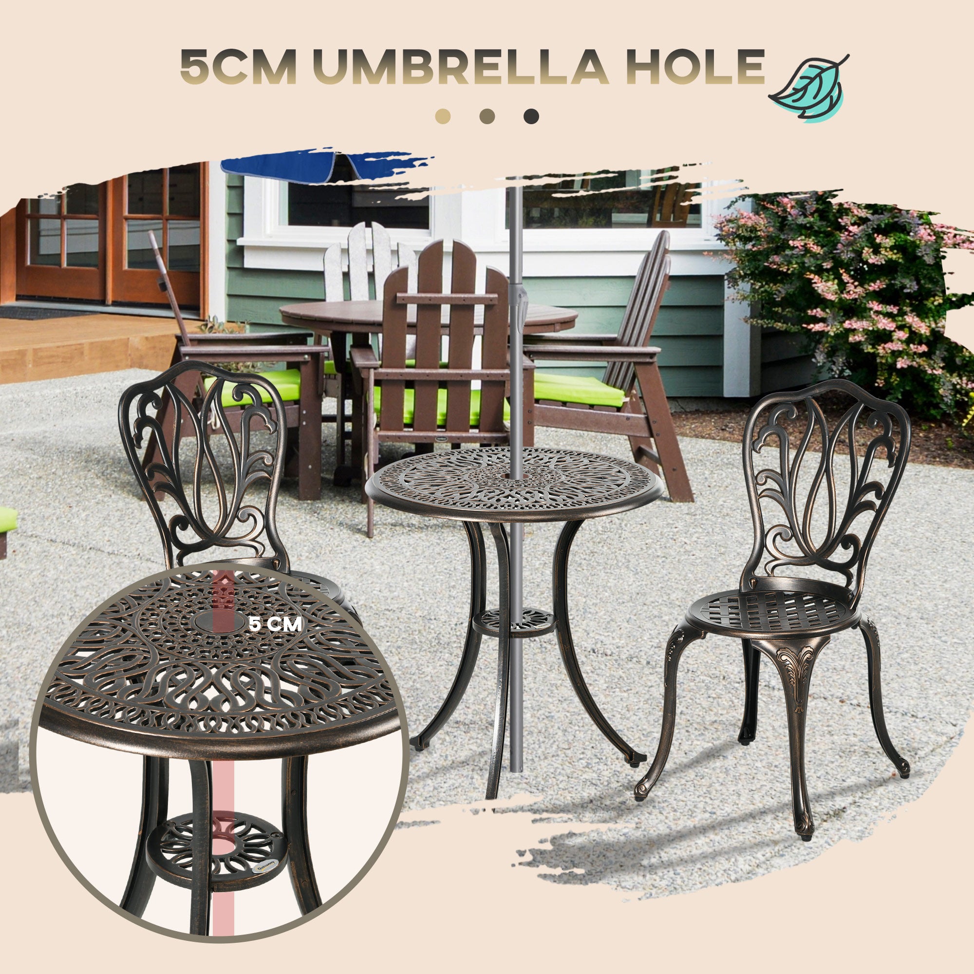 Outsunny 3 Piece Garden Bistro Set Aluminium Outdoor Furniture Set for 2 Patio Chairs and Table with Umbrella Hole Bronze Tone 