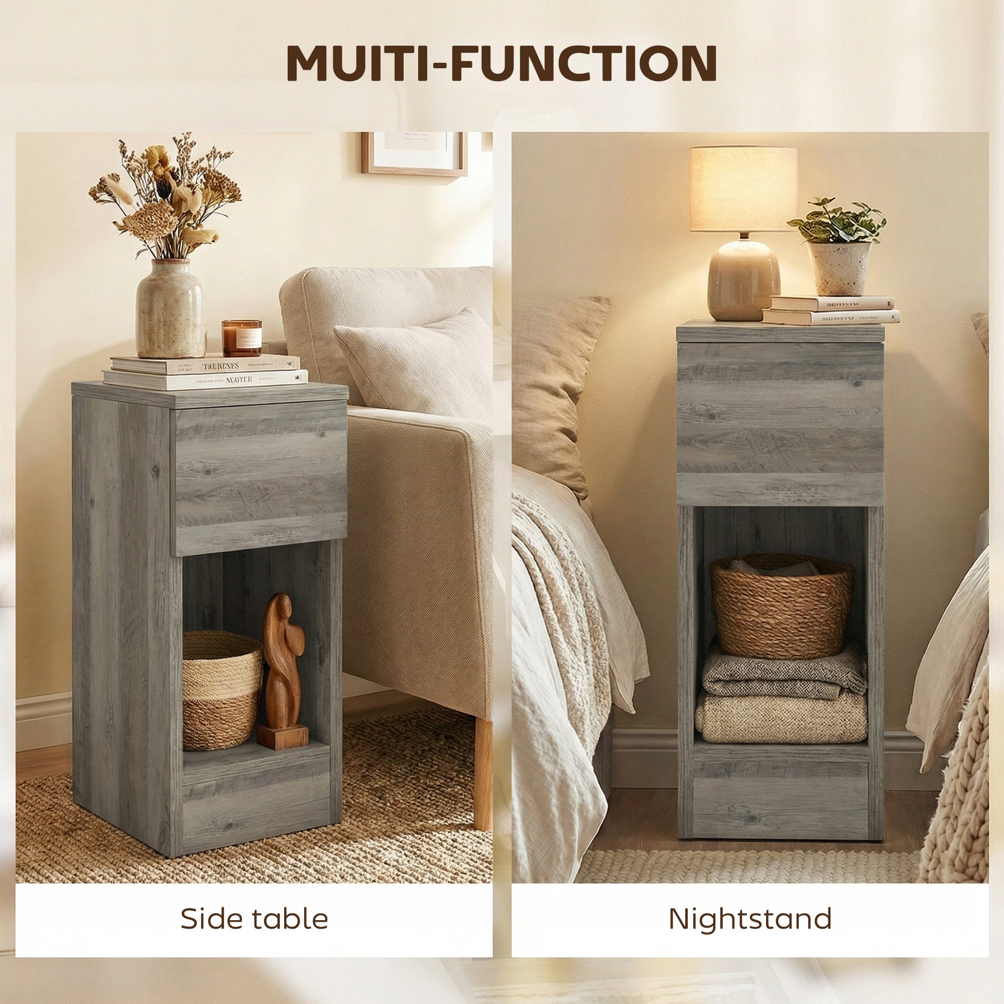 HOMCOM Set of Two Modern Storage Bedside Tables - Grey 