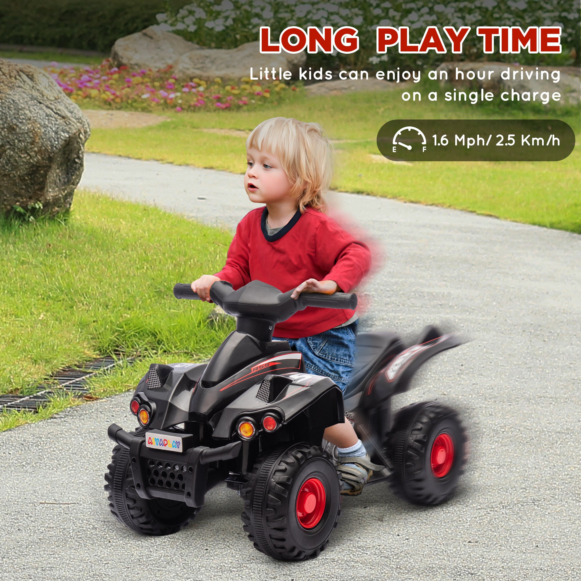 AIYAPLAY 6V Kids Electric Quad Bike w/ Music, Forward Function, for 2-6 Years, Black 