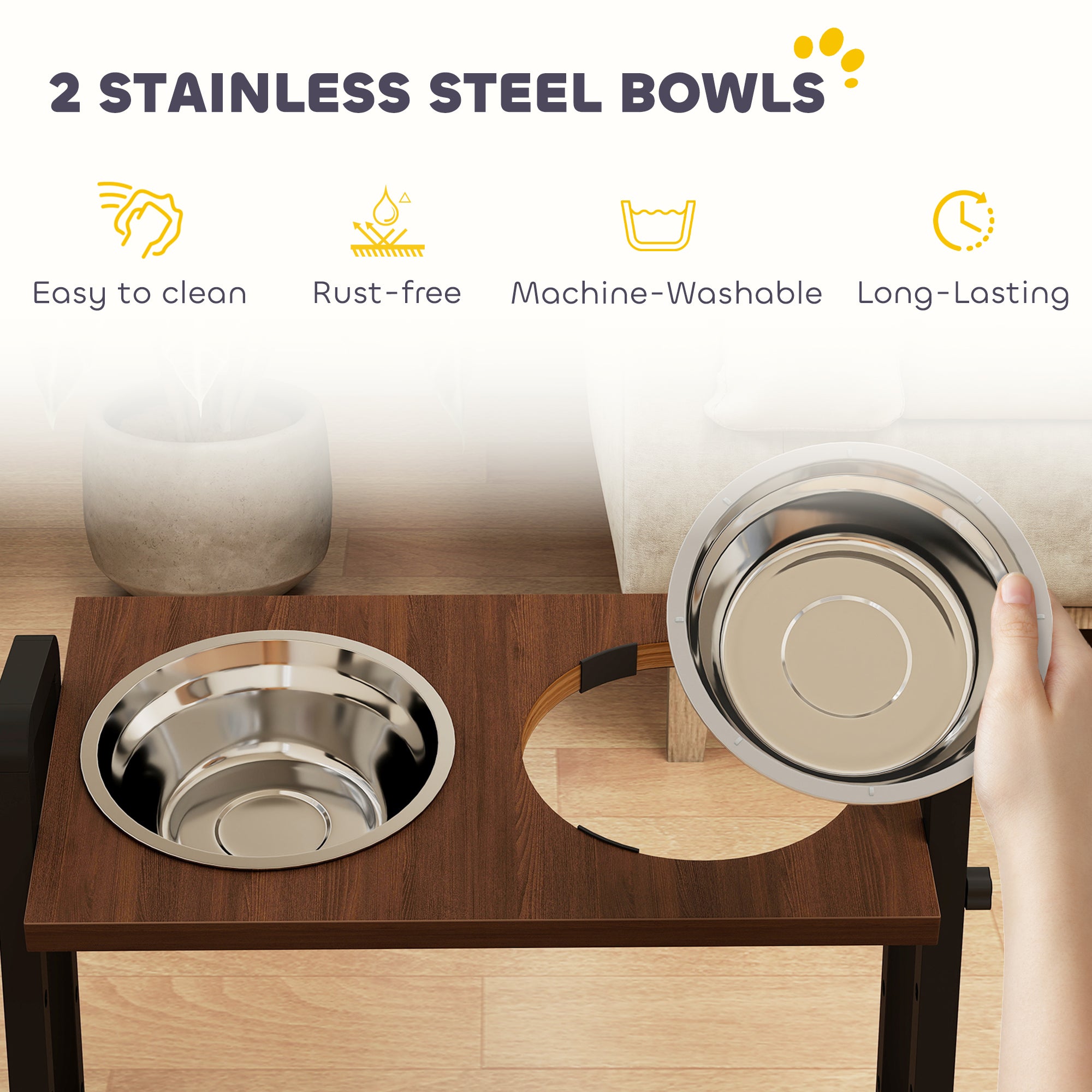 PawHut Raised Dog Bowls with Stand, 4 Heights Adjustable Pet Feeder with 3 Adjustable Angles for Small, Medium & Large Breeds, Brown 