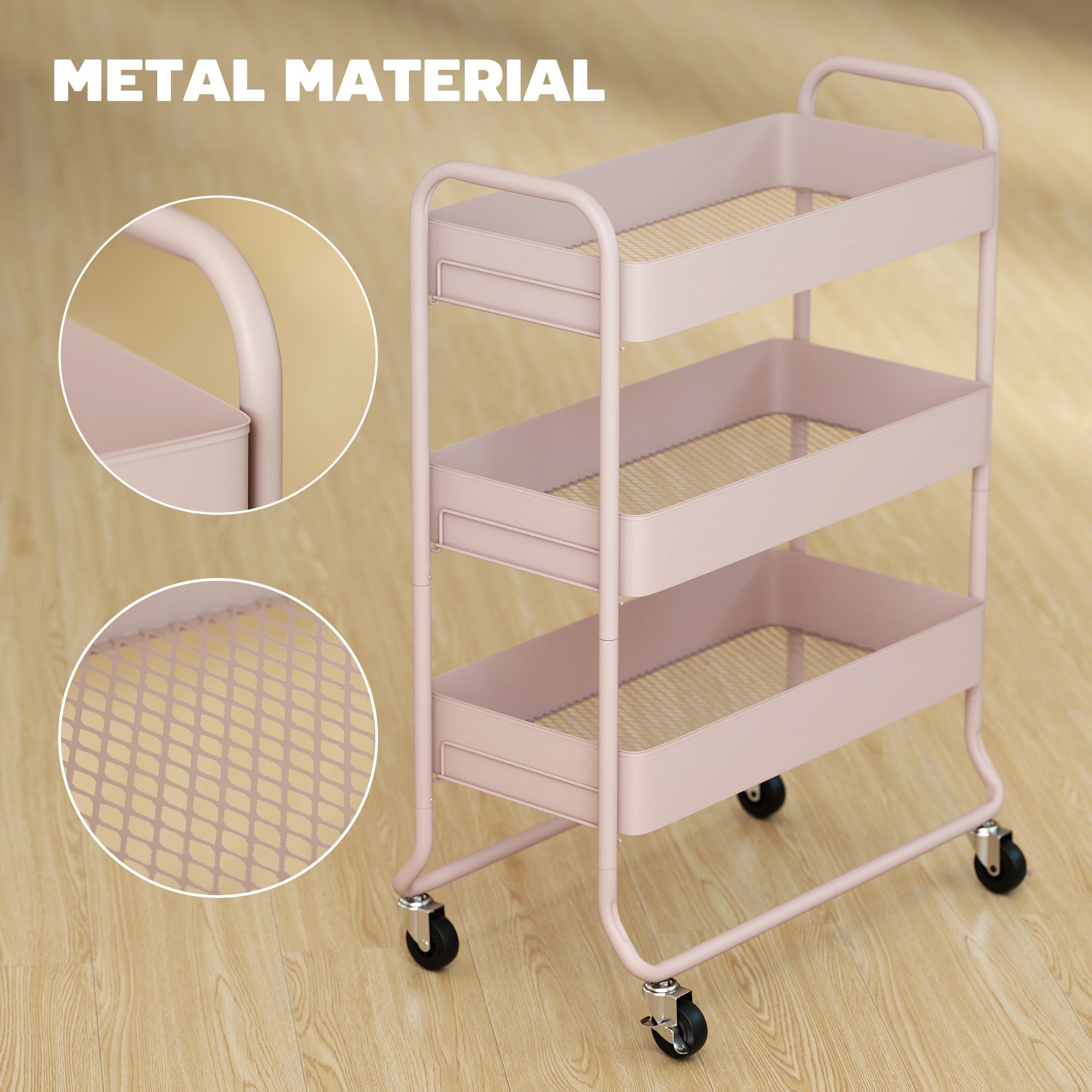 HOMCOM 3-Tier Storage Trolley on Wheels, Rolling Utility Cart with Mesh Backets for Kitchen, Bathroom, Bedroom, Light Pink 