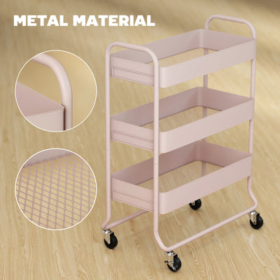HOMCOM 3-Tier Storage Trolley on Wheels, Rolling Utility Cart with Mesh Backets for Kitchen, Bathroom, Bedroom, Light Pink 