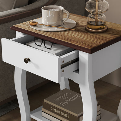 HOMCOM 2pcs Bedside Tables with Drawer, French Style Bedside Cabinets with Open Shelf for Bedroom, Living Room, White 