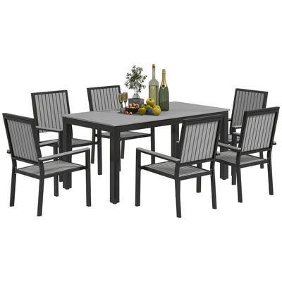 Outsunny 6 Seater Garden Dining Set with Stackable Chairs, Aluminium Frame, Rectangular Plastic Top, Garden Furniture Set, Outdoor Dining Table and Chairs for Patio, Balcony, Poolside, Grey 