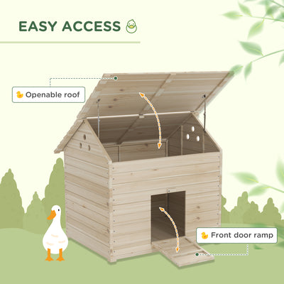 PawHut Wooden Duck House Poultry Coop for 2-4 Ducks with Openable Roof Raised Feet Air Holes Natural 