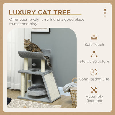 PawHut Cat Tree Tower, with Scratching Posts, Pad, Bed, Perch, Toy Ball - Light Grey 