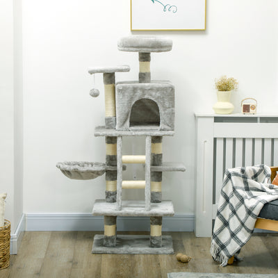 PawHut 132cm Cat Tree with Scratching Post, House, Hammock, Toy Balls - Grey 