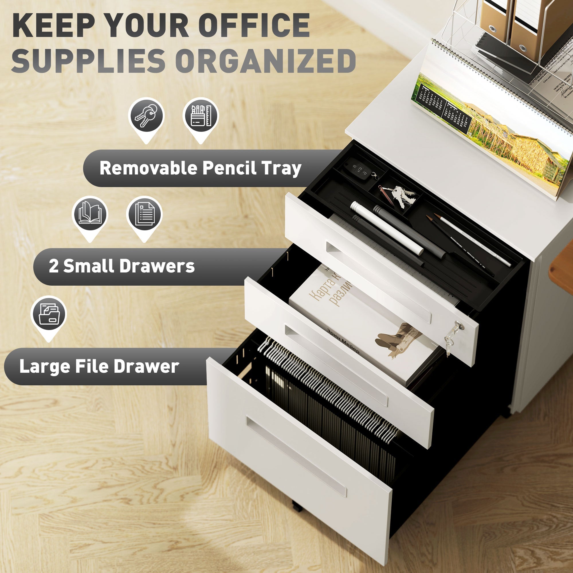 Vinsetto Metal Mobile File Cabinet with Wheels, Lockable 3 Drawer Filing Cabinet for A4, Legal, Letter, Under Desk Storage Unit with Pre-Assembled Body for Home Office, 39 x 48 x 60cm, White 