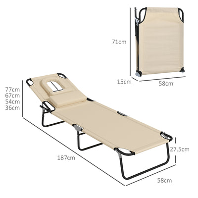 Outsunny Outdoor Foldable Sun Lounger Set of 2, 4 Level Adjustable Backrest Reclining Sun Lounger Chair with Pillow and Reading Hole, Sand 