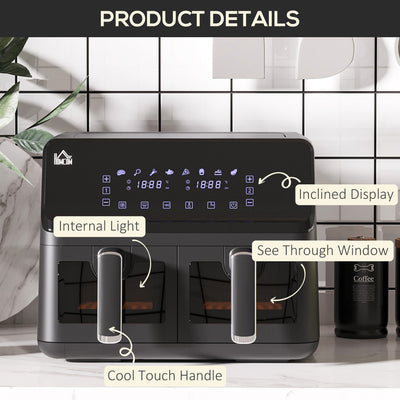 HOMCOM 8L Dual Basket Air Fryer, 8-in-1 Air Fryer Oven with Digital Display, Visible, Timer, Preheat for Oil Free Low Fat Cooking, 2500W, Sync Finish, Sliver 