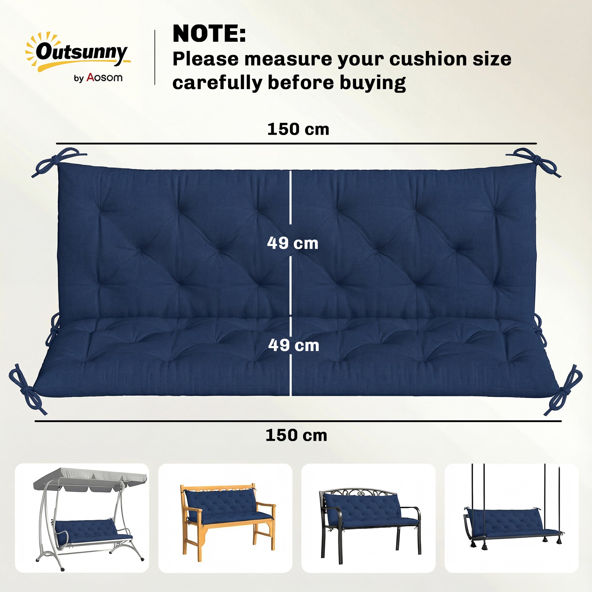 Outsunny 3 Seater Bench Cushion, Garden Chair Cushion with Back and Ties for Indoor and Outdoor Use, 98 x 150 cm, Dark Blue 