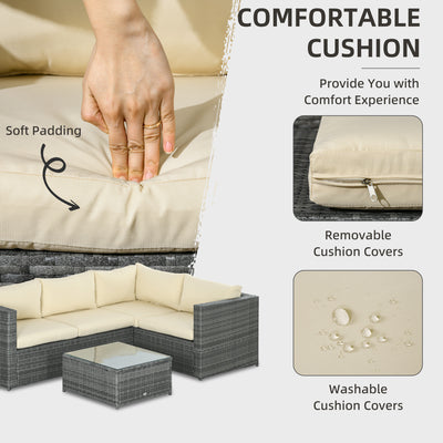 Outsunny 3 Pieces PE Rattan Garden Furniture Set with 10 cm Thick Cushions, 4 Seater Garden Corner Sofa Set with Glass Top Coffee Table, Outdoor Furniture for Patio, Porch, Beige 