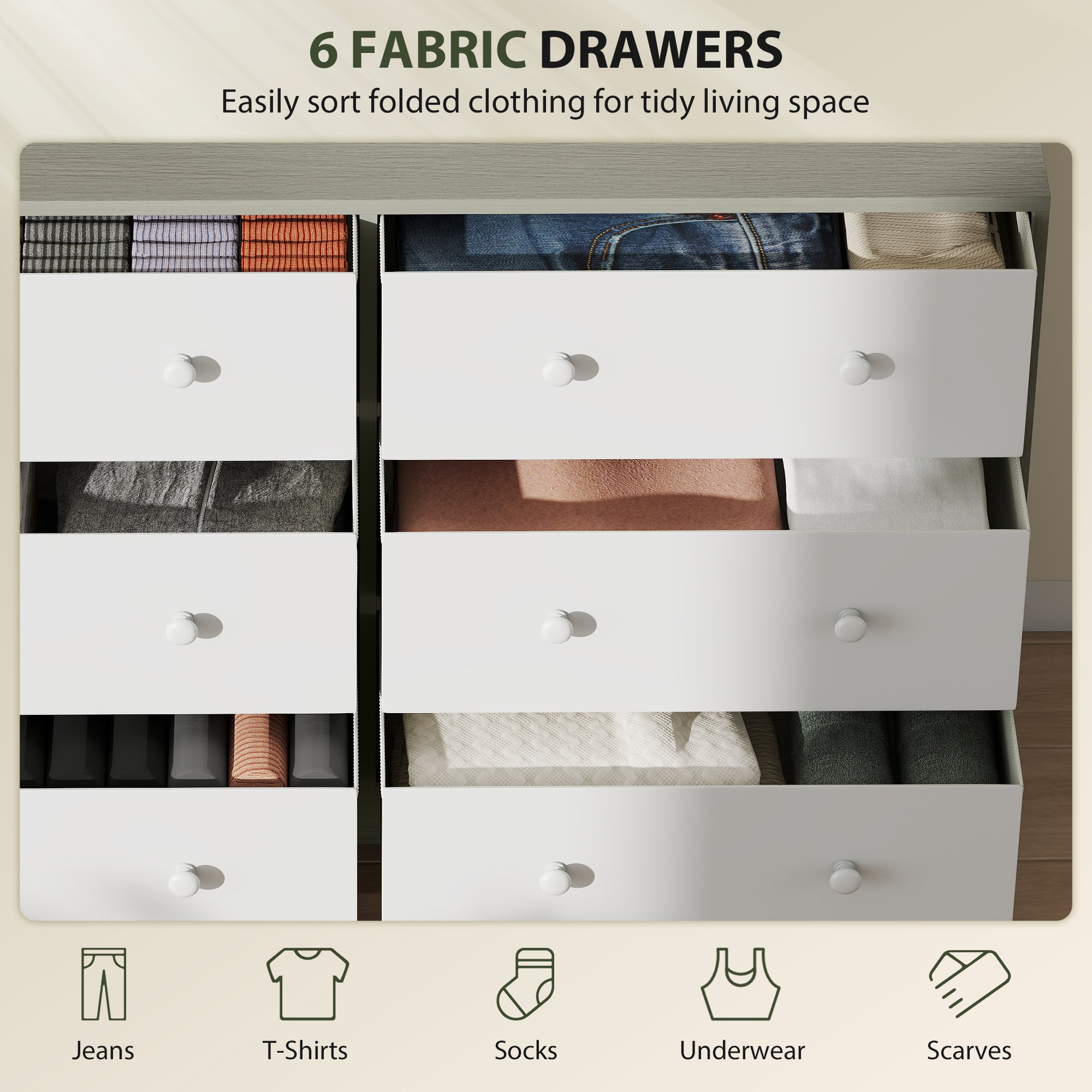 HOMCOM Chest of Drawers, Dresser with 6 Fabric Drawers - White and Grey