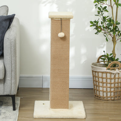 PawHut 81cm Cat Scratcher, Vertical Full Scratcher w/ Natural Jute Rope, Hanging Ball, Soft Plush - Beige 