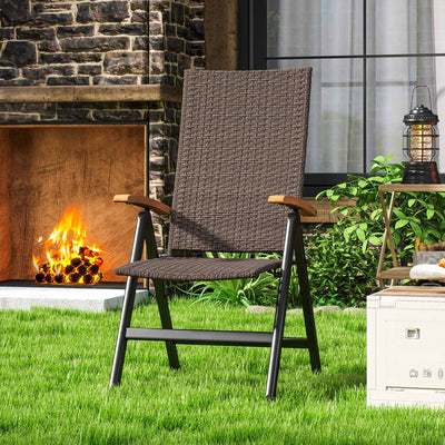 Outsunny Outdoor Folding Rattan Chair with Armrests, High Backrest, for Garden, Camping, Balcony, Porch - Brown 