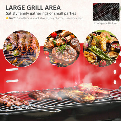 Outsunny Charcoal Trolley BBQ Barbecue Grill Patio Camping Picnic Garden Party Outdoor Cooking with Windshield, Wheels Side Trays, Black/Red 