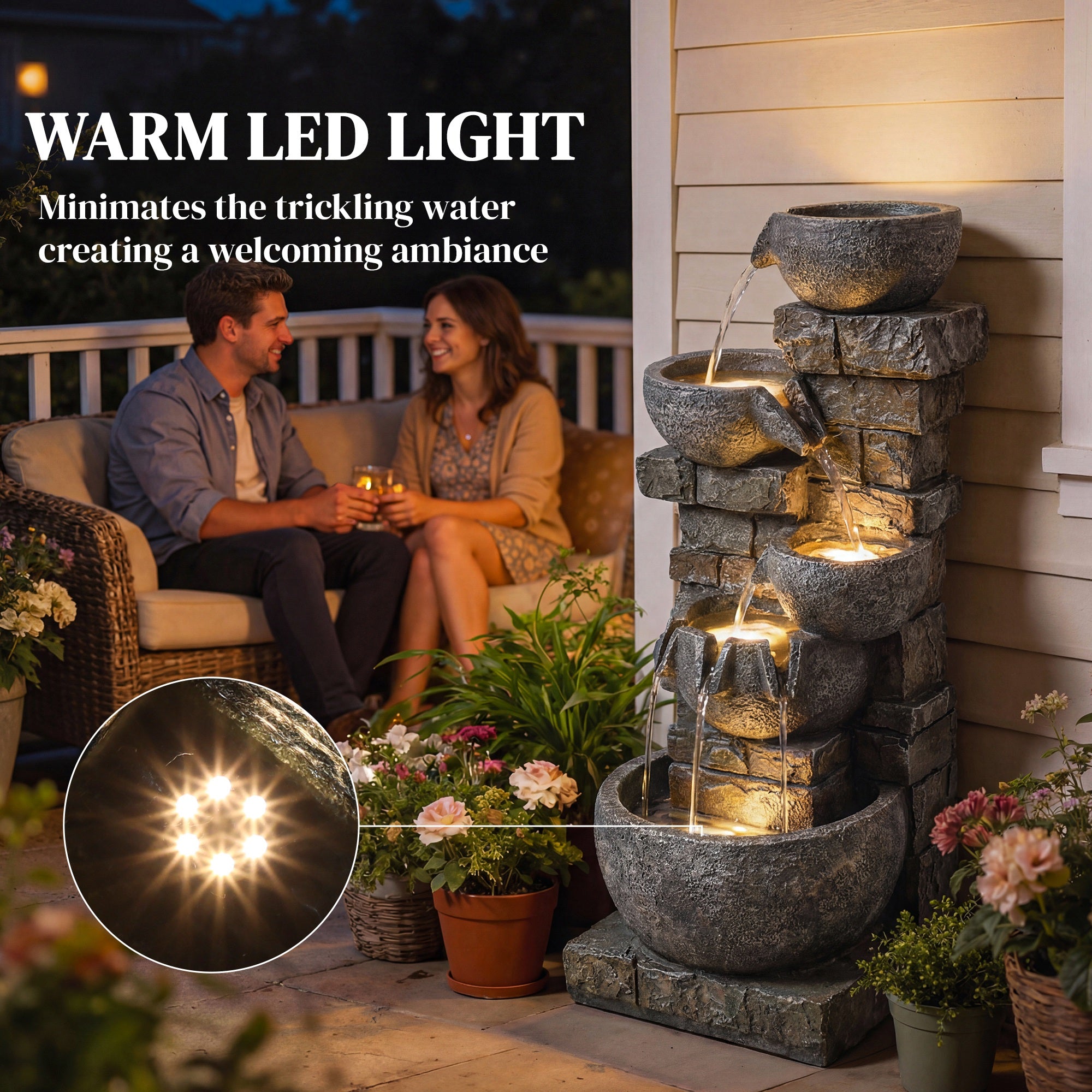 Outsunny Outdoor Water Fountain with LED Lights, 80cm Tall 5 Tiers Cascading Water Feature for Garden Patio Home Decor, Mixed 