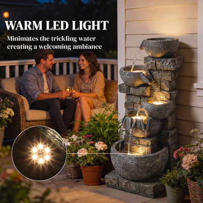 Outsunny Outdoor Water Fountain with LED Lights, 80cm Tall 5 Tiers Cascading Water Feature for Garden Patio Home Decor, Mixed 