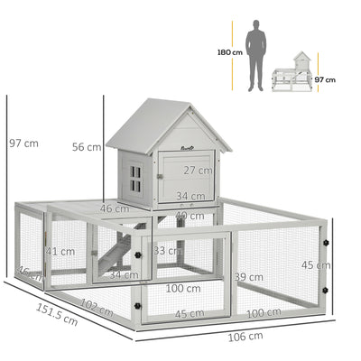 PawHut Indoor Rabbit Hutch, Guinea Pig Cage, with Slide-Out Tray, Large Fenced Area - Light Grey 