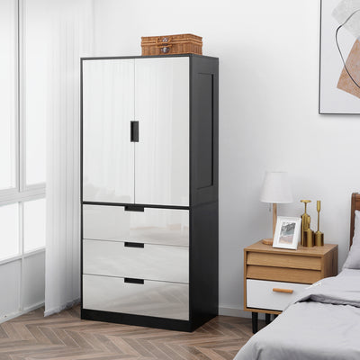 HOMCOM 2 Door Wardrobe, Modern Wardrobe with 3 Drawers and Hanging Rod for Bedroom, High Gloss White 
