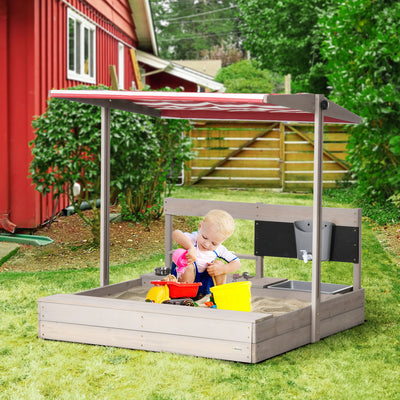 Outsunny Kids Wooden Sandbox w/ Canopy, Kitchen Toys, Seat, Storage, for 3-7 Years Old Outdoor Play 