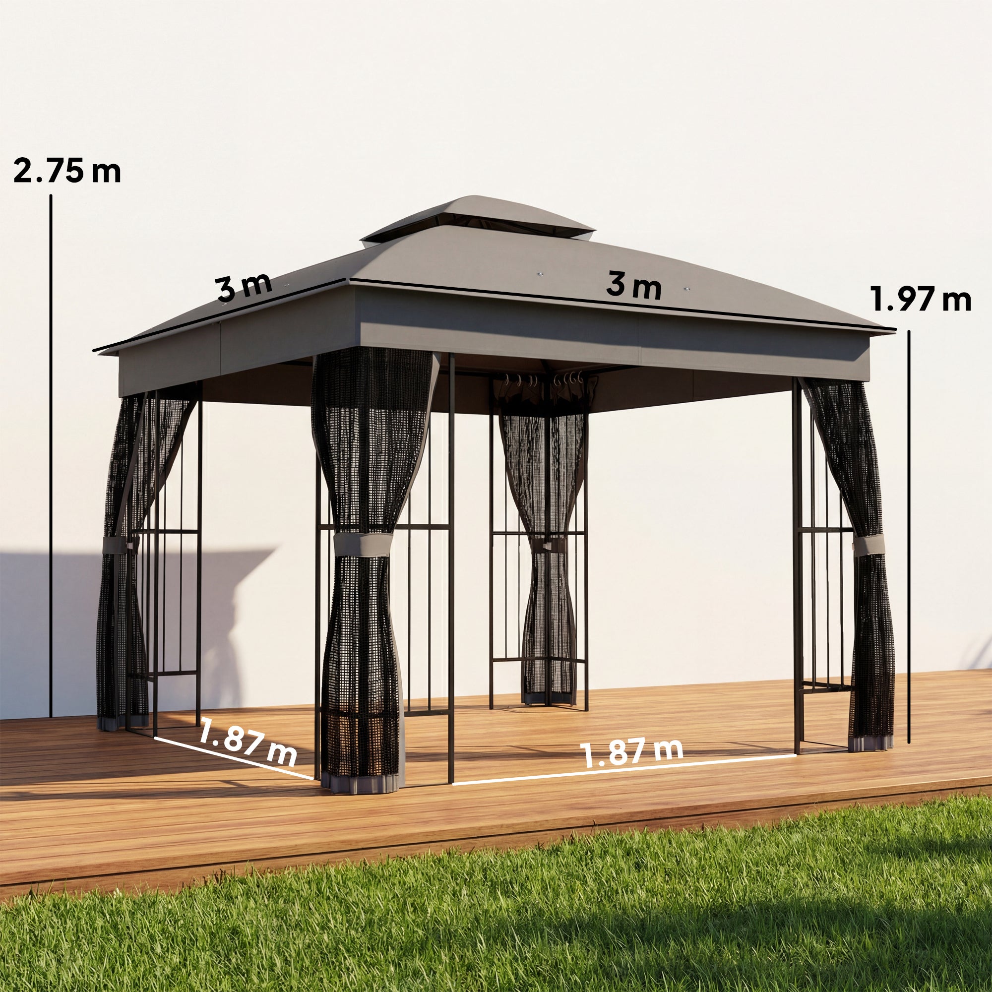 Outsunny 3 x 3 m Outdoor Garden Gazebo with Post Shelves, UPF50+ Double Roof Patio Permanent Pavilion, Grey 
