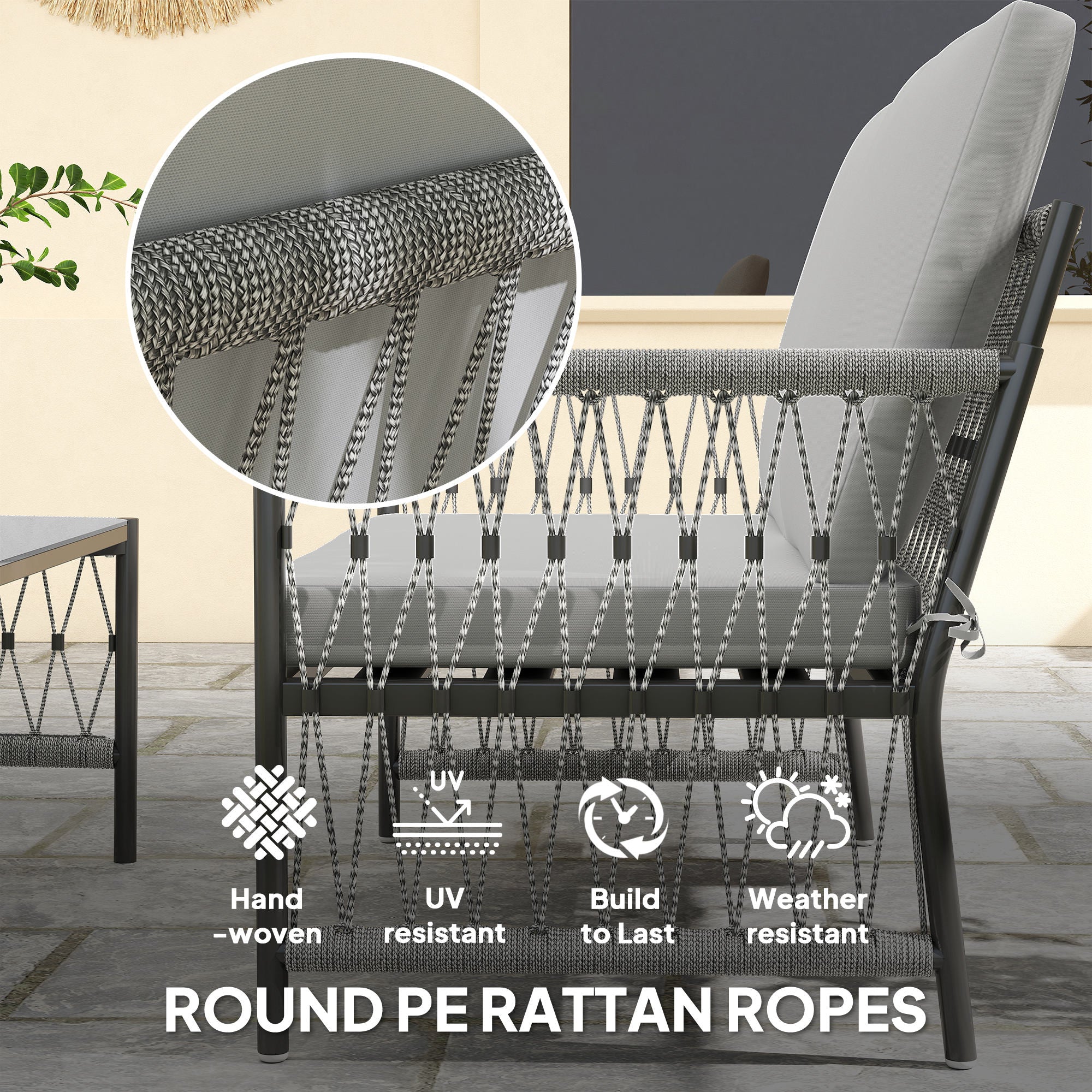Outsunny 4 Piece Rattan Garden Furniture Set, 4 Seater Wicker Patio Conversation Set with 2 Armchairs, Loveseat, Glass Top Coffee Table and Cushions for Outdoor, Balcony, Grey 