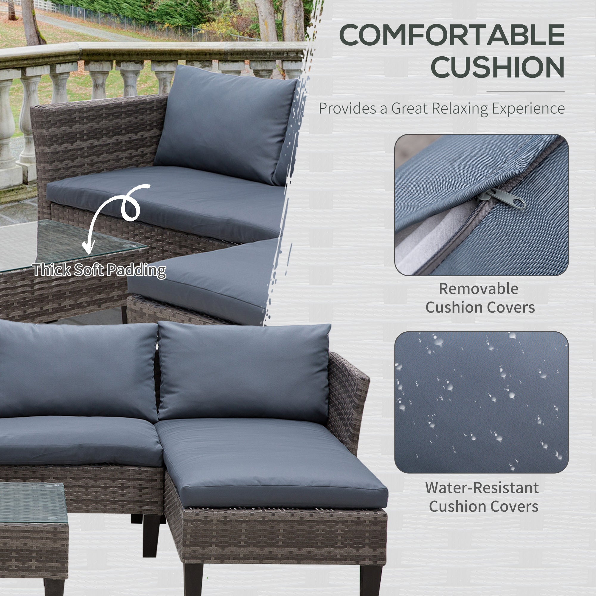 Outsunny 3 Pcs Garden Sofa PE Rattan Set w/ 2 Seats Square Glass Top Coffee Table Thick Cushions Solid Legs Metal Frame Patio Outdoor Balcony Patio L Corner Shape - Grey 