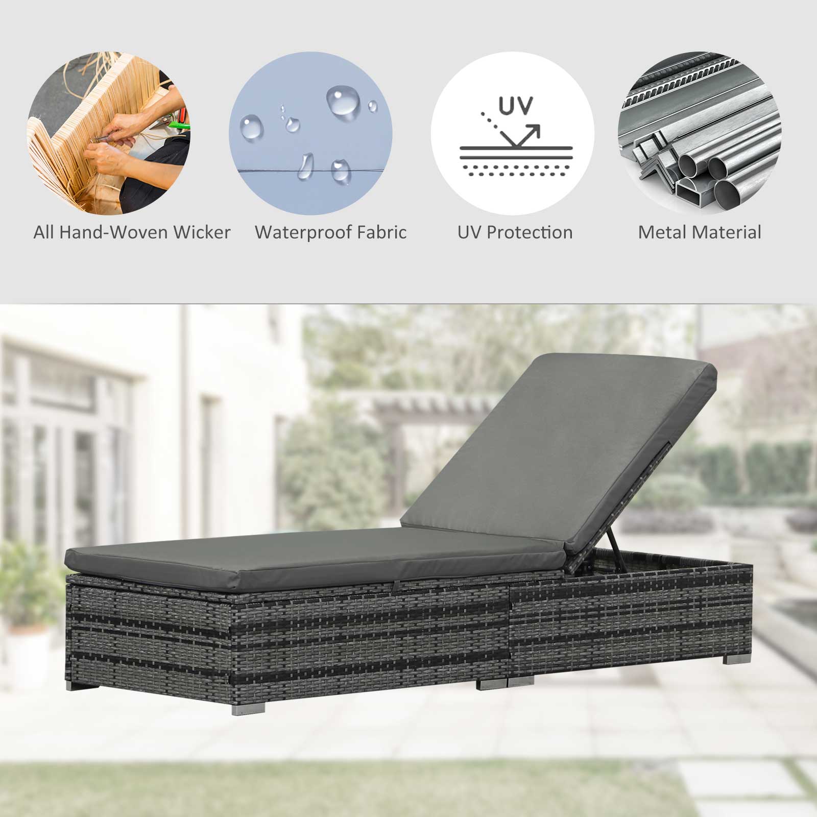 Outsunny Rattan Outdoor Garden Reclining Sun Lounger Grey 