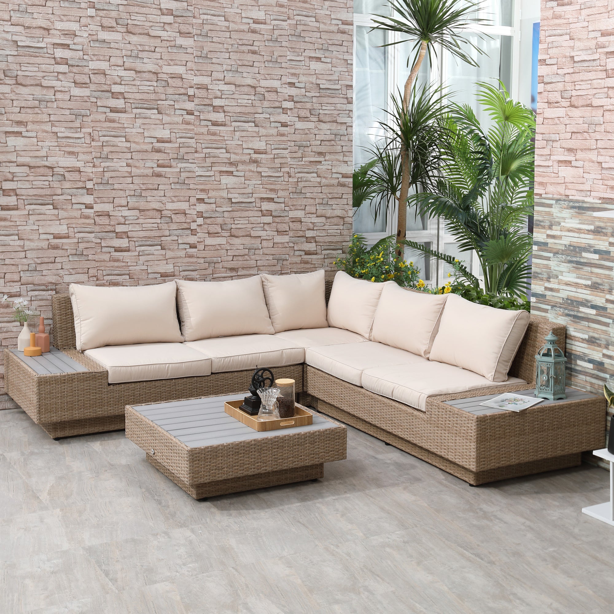 Outsunny 4 Pieces Rattan Garden Furniture Set, Garden Corner Sofa with Side Trays, Wicker Conservatory Furniture Set with Loveseats, Slatted Plastic Top Coffee Table and Cushions, Beige 