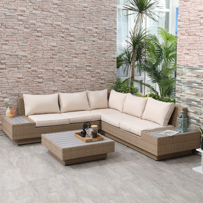 Outsunny 4 Pieces Rattan Garden Furniture Set, Garden Corner Sofa with Side Trays, Wicker Conservatory Furniture Set with Loveseats, Slatted Plastic Top Coffee Table and Cushions, Beige 