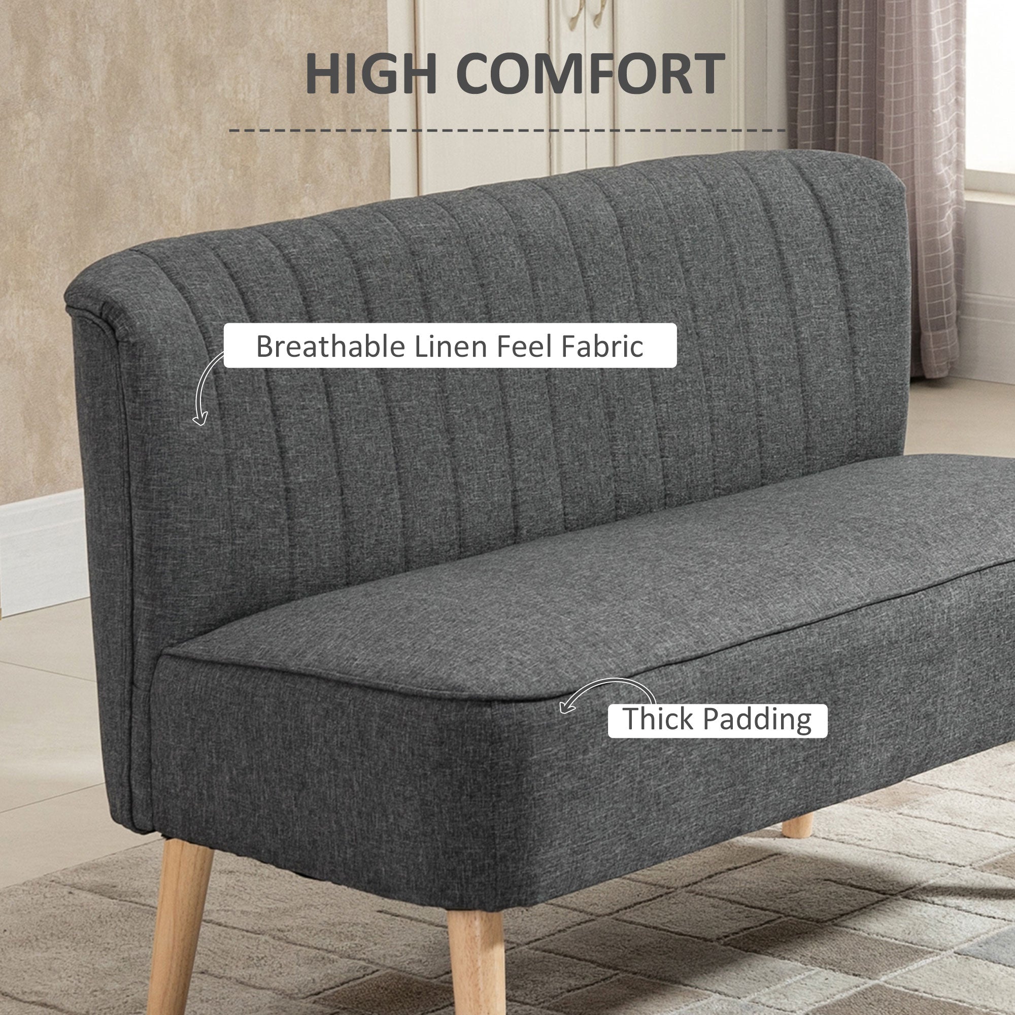 HOMCOM Modern Double Seat Sofa Loveseat Couch 2 Seater Compact Sofa Padded Linen Wood Leg Grey 