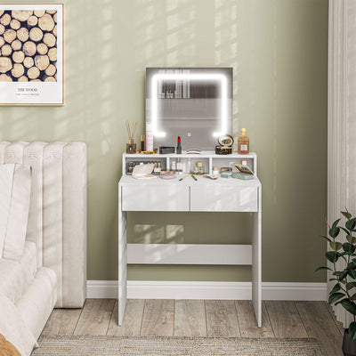 HOMCOM Dressing Table with Mirror and LED Lights, Vanity Table with 2 Drawers, 3 Compartments, 3 Colour Lighting, for Bedroom, Modern Dresser Makeup Desk for Women and Girls, White 