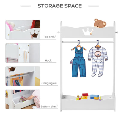 HOMCOM Kids Clothes Rail Wooden Hanging Rack with Storage Shelves Children Garment Freestanding Wardrobe for 3-8 Years Toddler, White 