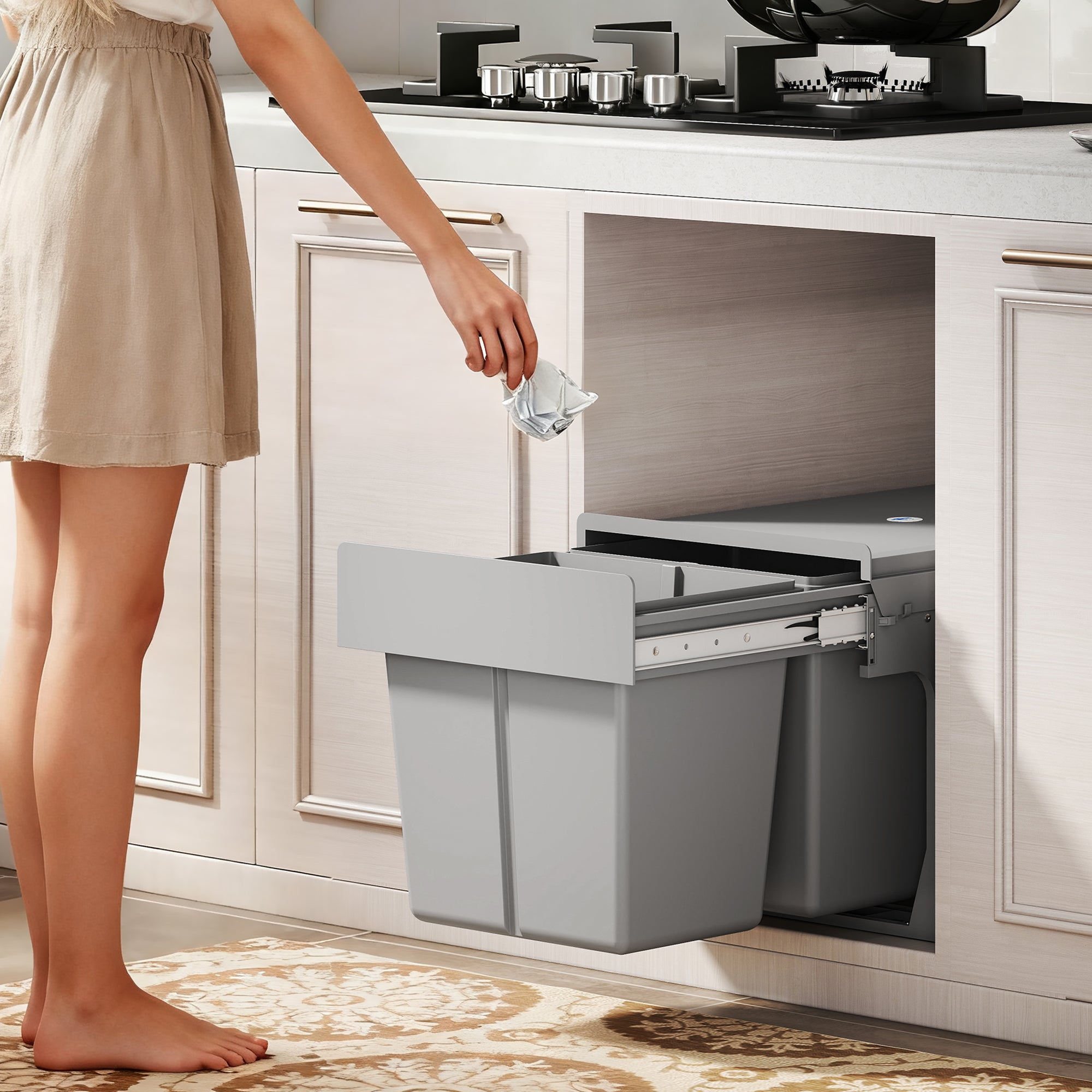 HOMCOM Pull Out Bin, Under Sink Bin - 2 Removable Compartments (15L Each) for 400mm Cabinets, Light Grey 