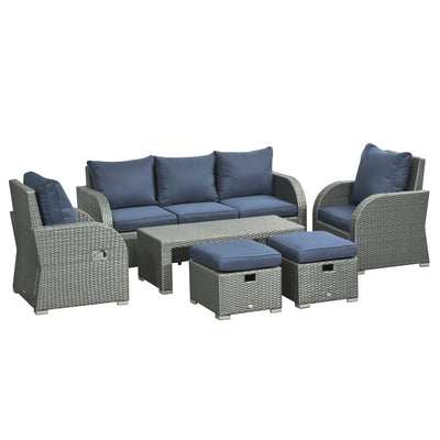Outsunny Six-piece Outdoor Rattan Dining Set, with Reclining Armchairs - Blue 