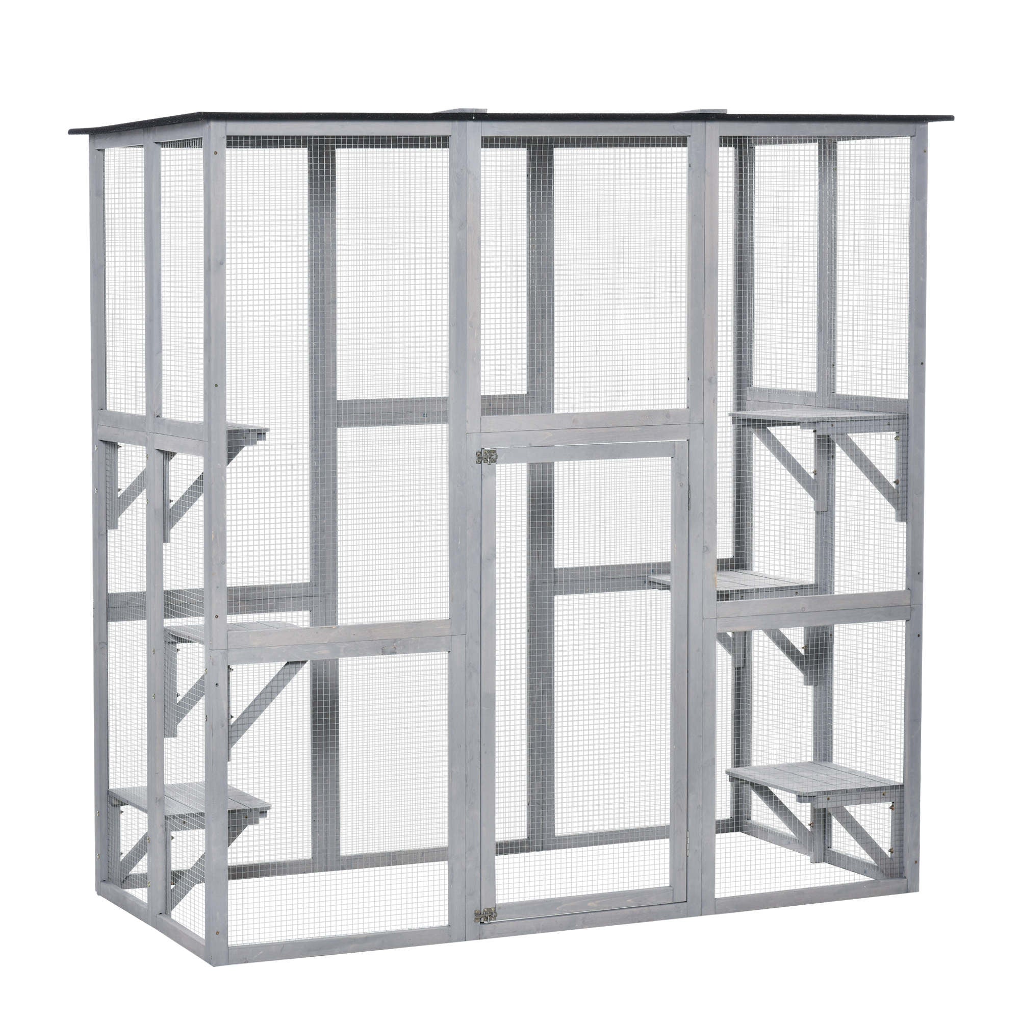 PawHut Wooden Catio Cat Outdoor Enclosure, Cat Cage with Waterproof Roof, Platforms, for Multiple Kittens, 180 x 98 x 180 cm 
