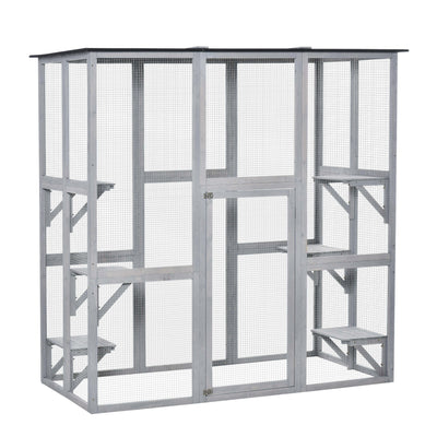 PawHut Wooden Catio Cat Outdoor Enclosure, Cat Cage with Waterproof Roof, Platforms, for Multiple Kittens, 180 x 98 x 180 cm 