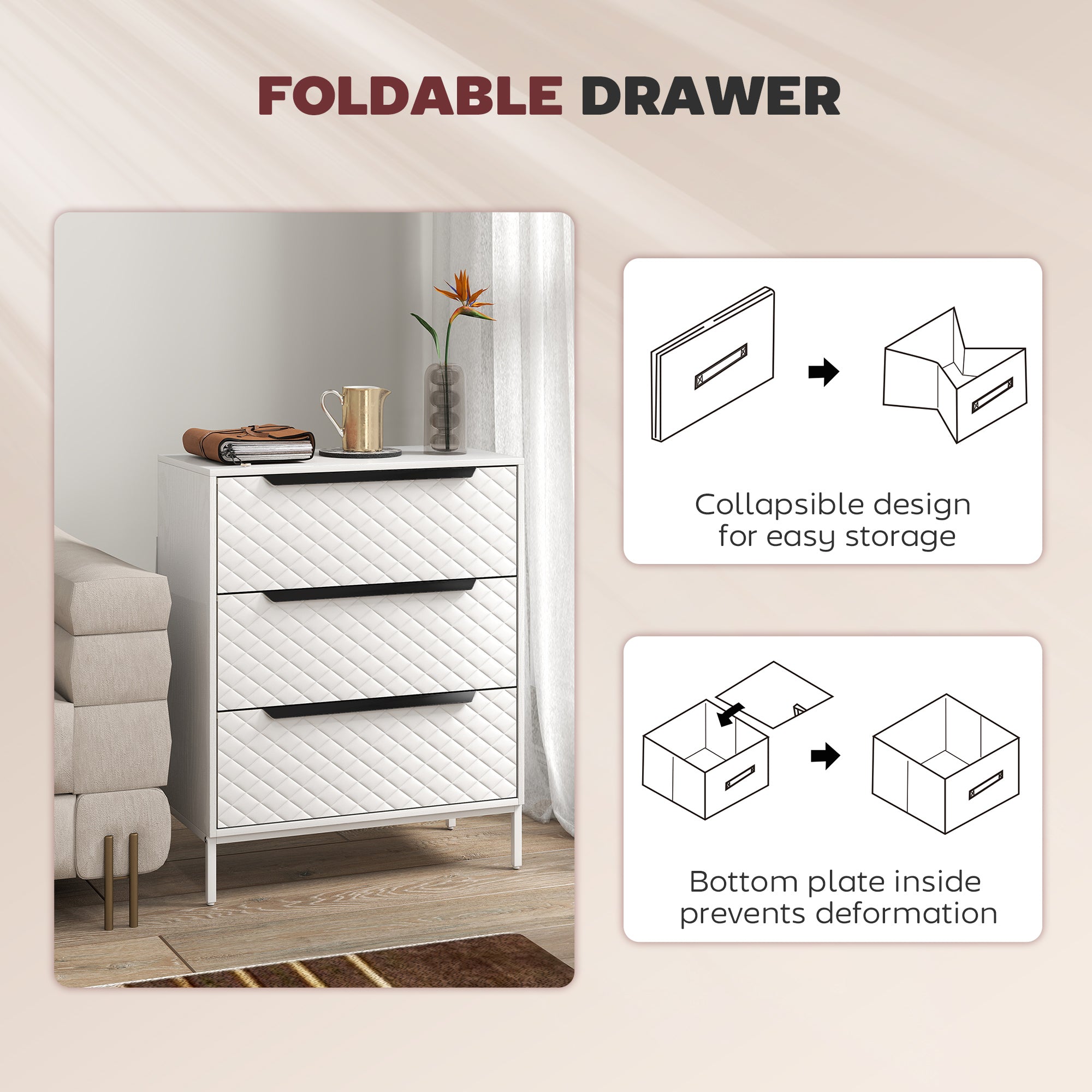 HOMCOM Chest of Drawers, Dresser with 3 Fabric Drawers and Aluminium Handles - White 