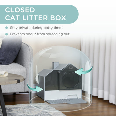 PawHut Hooded Cat Litter Tray with Scoop, Cat Litter Box with Drawer Pan, Handle, Deodorants, Hut Design, Front Entrance, 47 x 45 x 42cm - Grey 