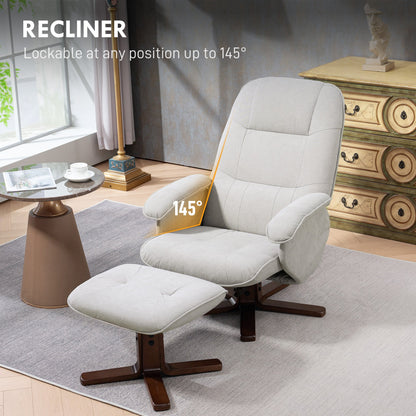 HOMCOM Linen Swivel Recliner Chair with Footstool, Upholstered Reclining Armchair with Wooden Base for Living Room, Light Grey 
