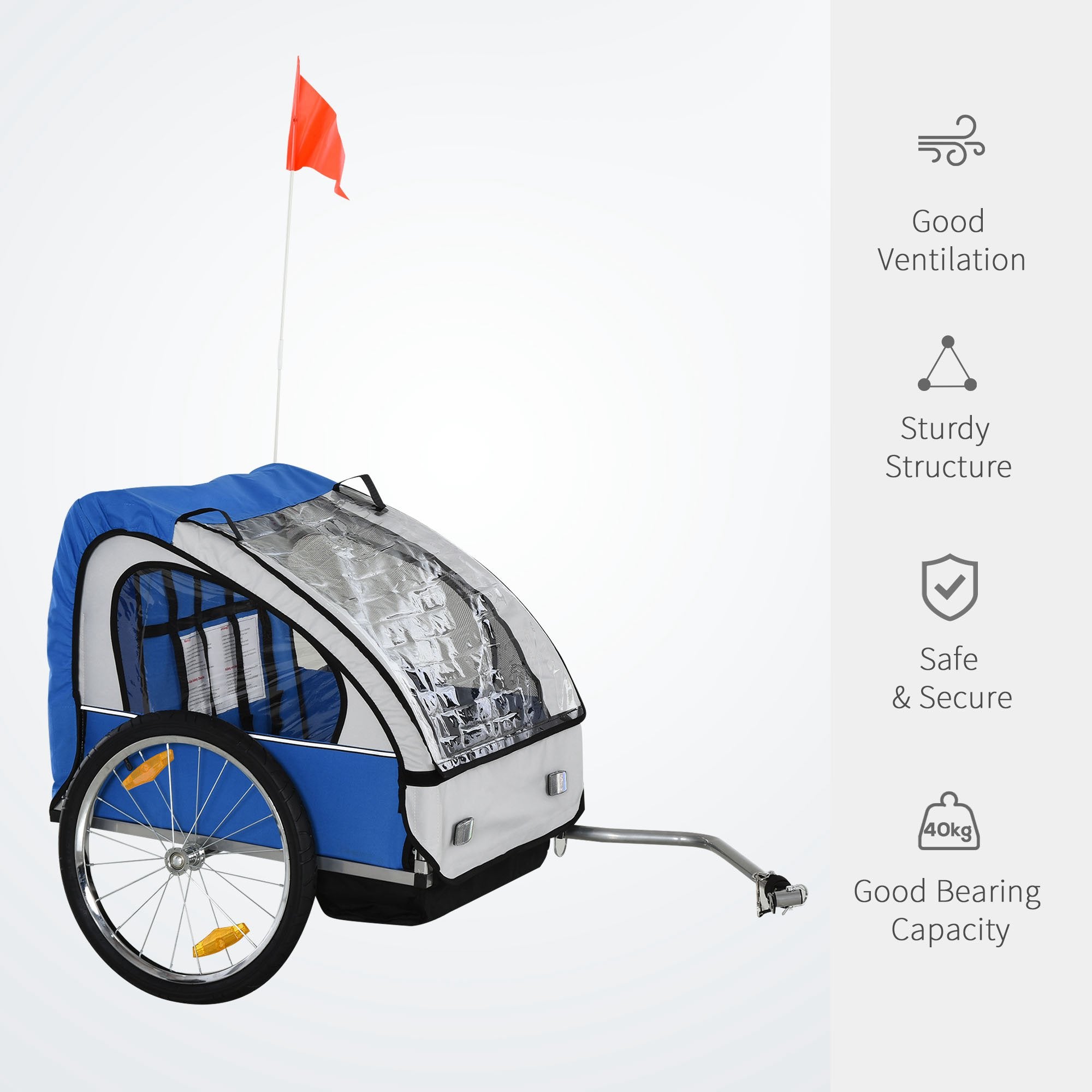 HOMCOM 2 Seat Bike Trailer Bicycle wagon for Kids Child Steel Frame Safety Harness Seat Carrier Hitch Coupler Blue White 130 x 76 x 88 cm 