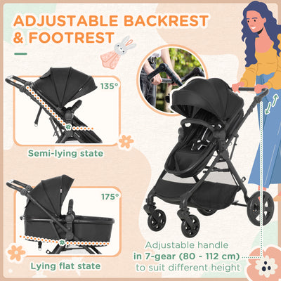 HOMCOM Foldable Baby Stoller, with Reclining Backrest, Adjustable Canopy, for Ages 0-36 Months - Black 