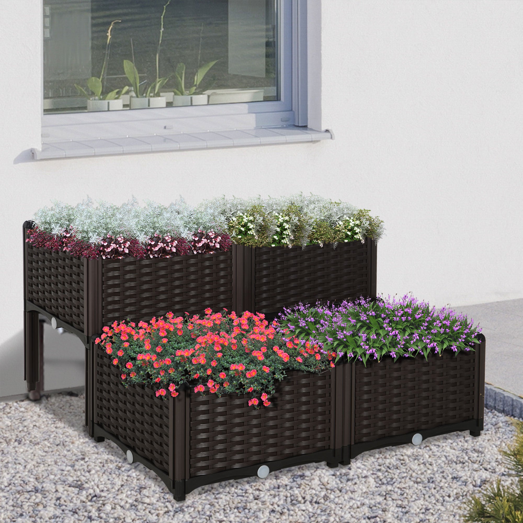 Outsunny Set of 4 26L Garden Raised Bed Elevated Patio Flower Plant Planter Box PP Vegetables Planting Container, Brown 