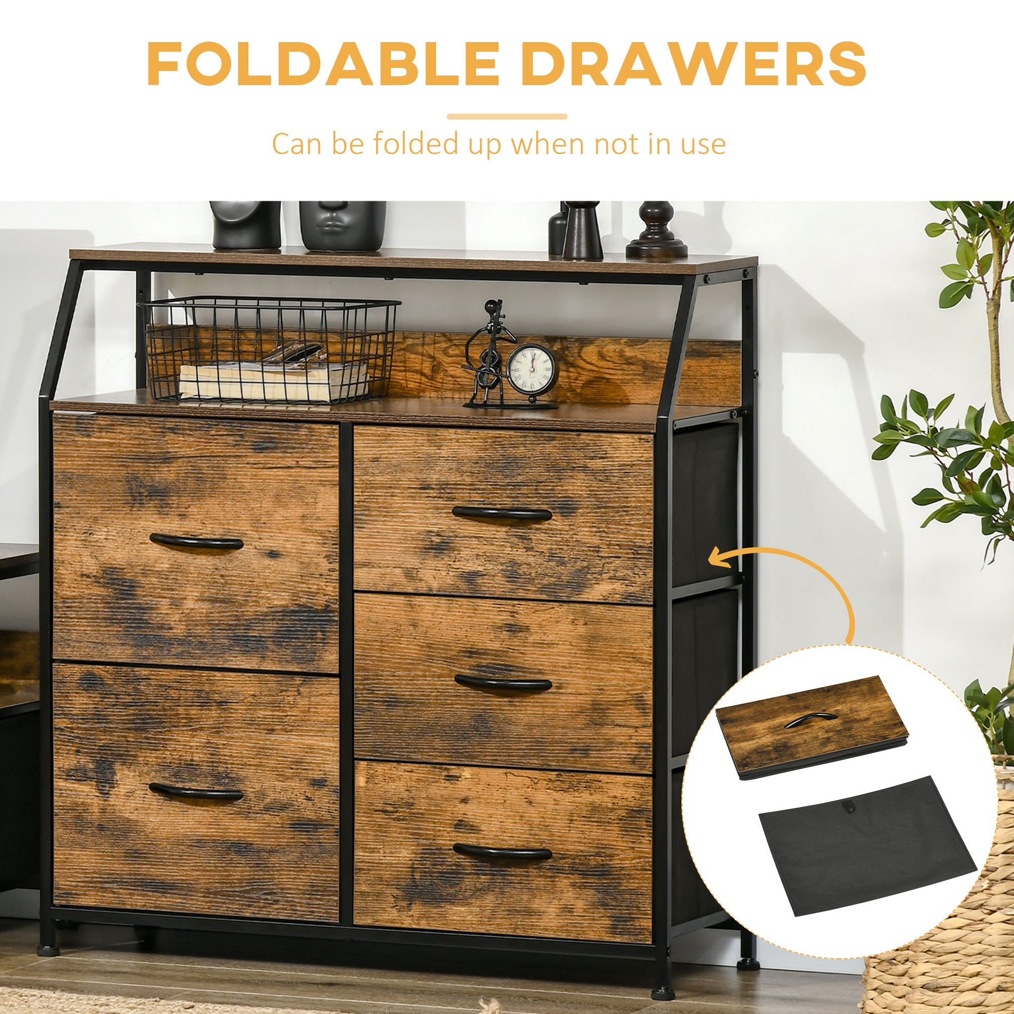 HOMCOM Bedroom Chest of Drawers, Industrial 5 Fabric Drawer Dresser with Open Shelf for Living Room, Rustic Brown