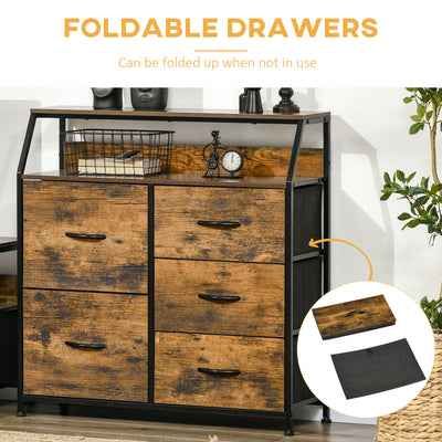 HOMCOM Bedroom Chest of Drawers, Industrial 5 Fabric Drawer Dresser with Open Shelf for Living Room, Rustic Brown 